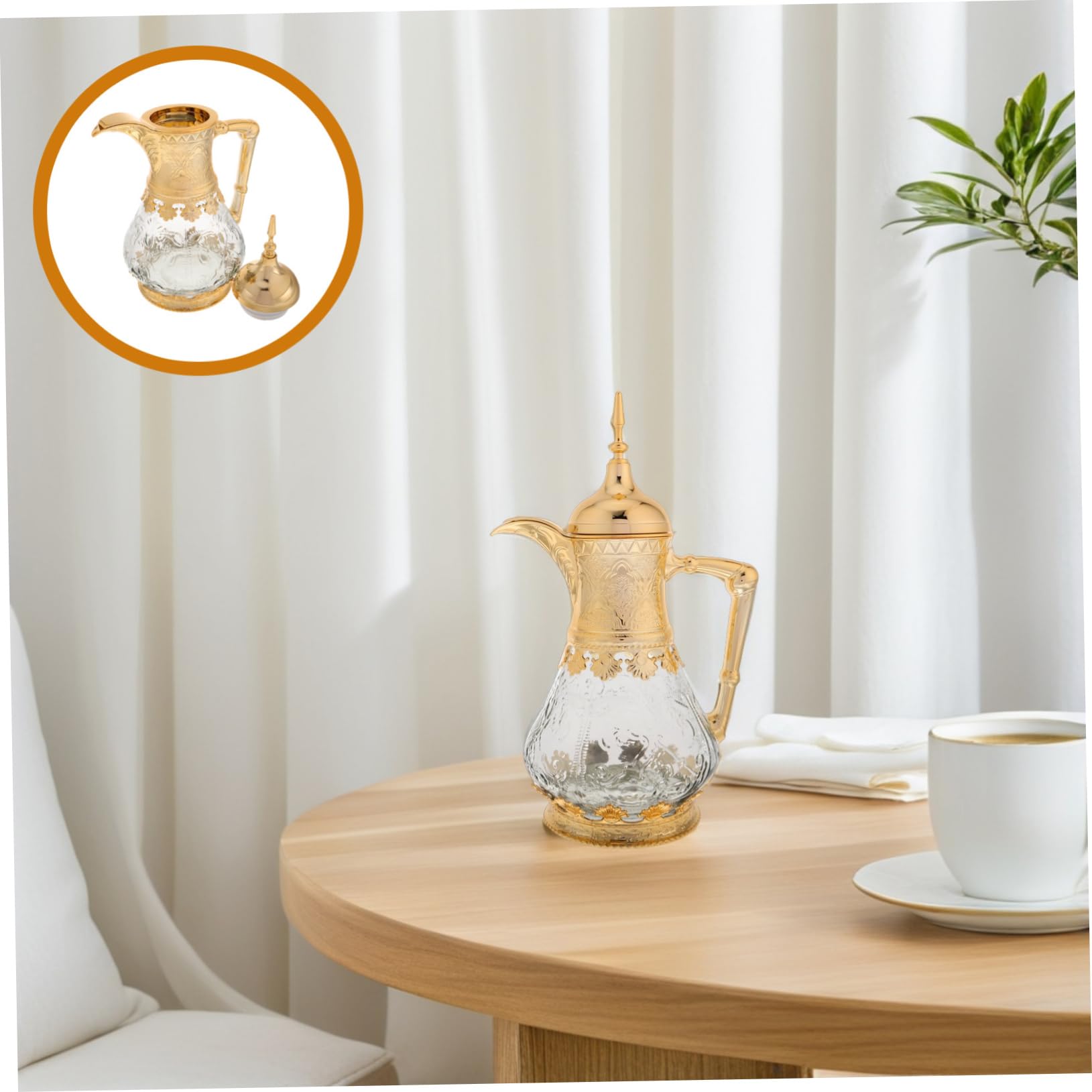 Luxshiny Arabische Glaskaraffe mit Deckel und Ausguss Multifunktionaler Kaltgetränke Servierer aus Glas und Kunststoff im Einzigartigen Orientalischen Design für Partys