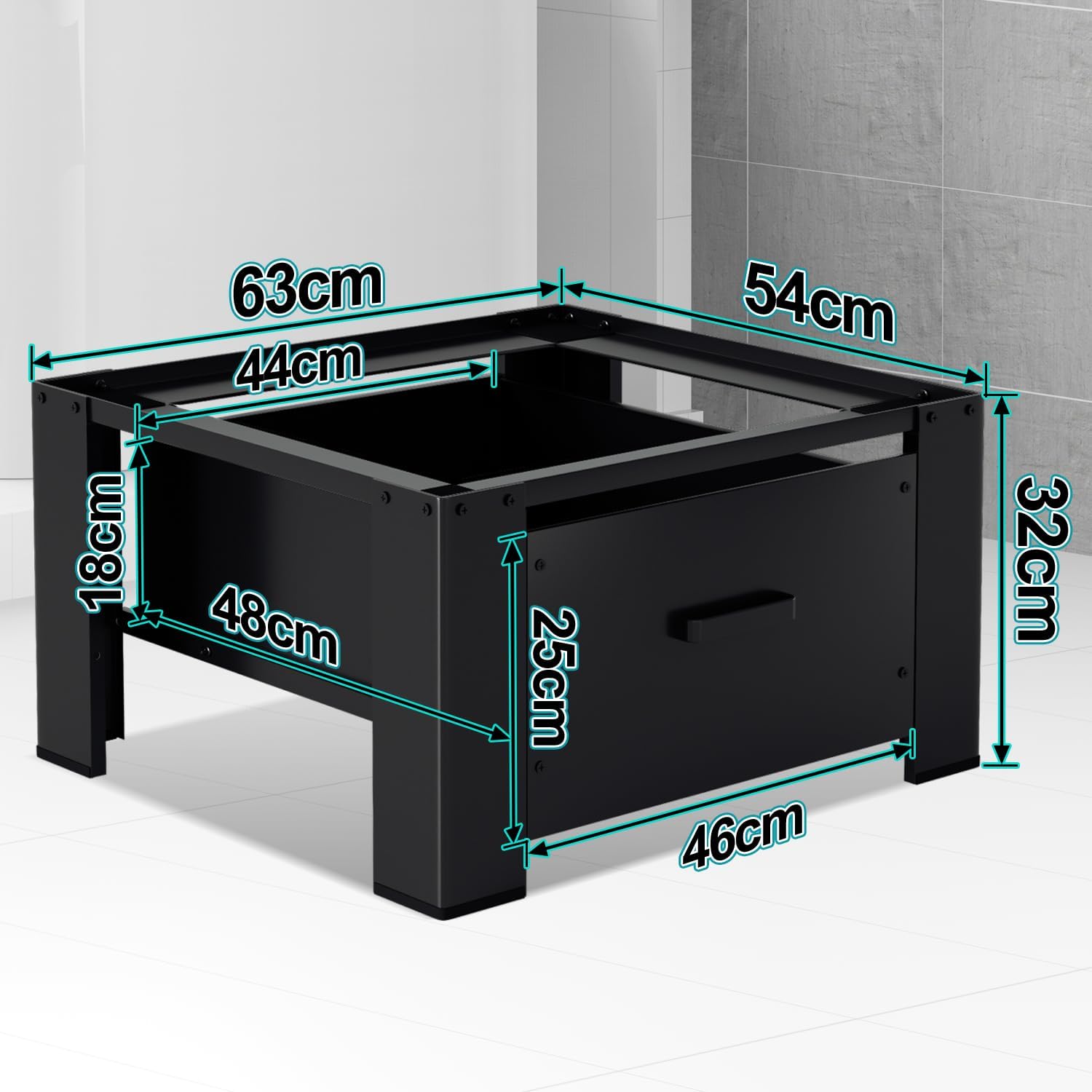 Base per lavatrice con cassetto, base per lavatrice fino a 150 kg | Base in metallo nero con cassetto integrato