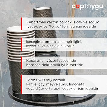 25 adet siyah çift duvarlı kahve bardağı 12 oz, parti kağıt bardaklar 300 ml, soğuk ve sıcak içecekler için siyah dalgalı bardaklar, Waffle Siyah