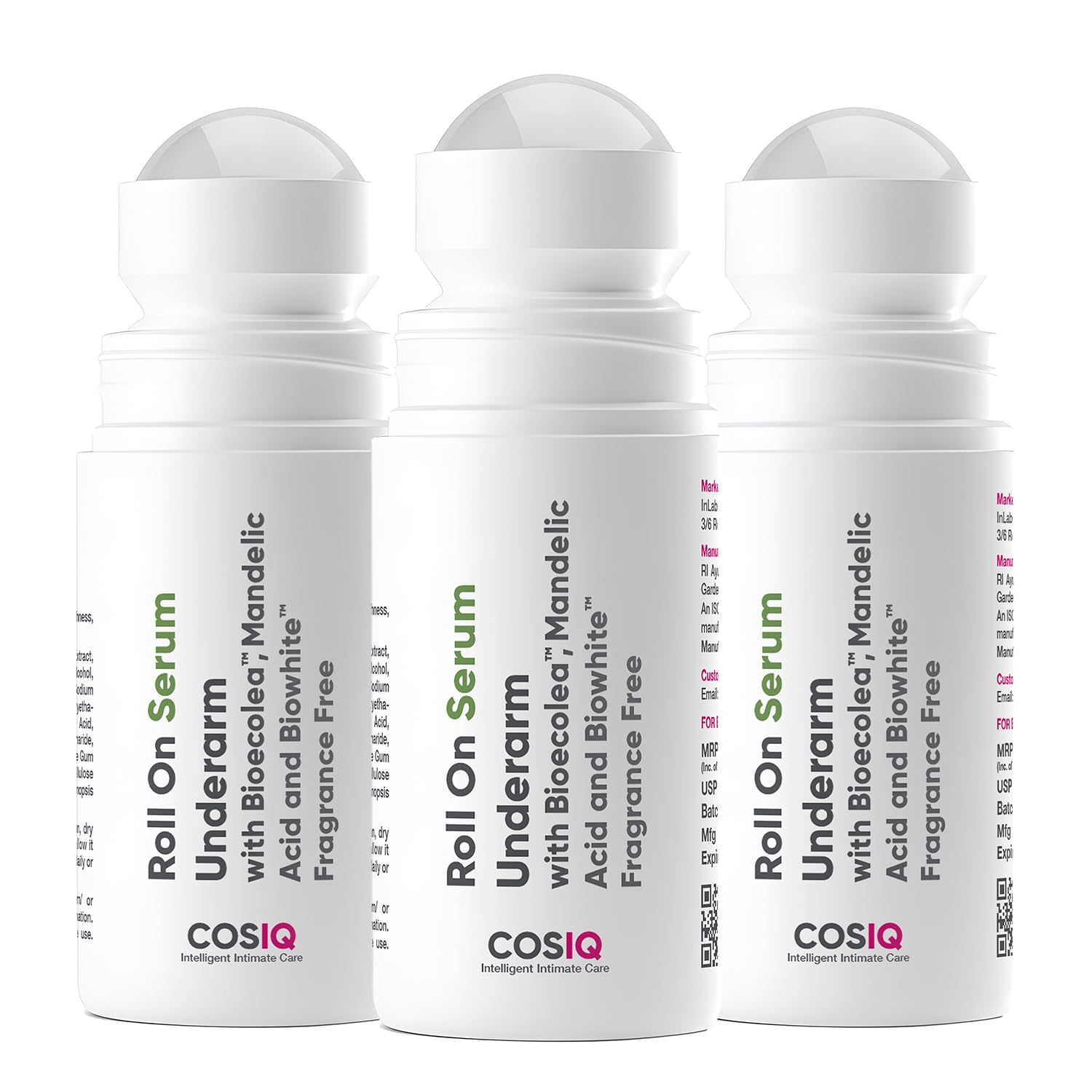Cos-IQ Brightening Underarm Roll On Serum (Pack of 3 X 40ml) | With Bioecolea, Mandelic Acid and Bio White | Fragrance Free | Brightens Skin & Exfoliates Underarms | For Sensitive Skin | 90 Days Pack