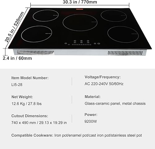 Miniatura 7 de VEVOR Placa eléctrica, 5 quemadores, estufa de inducción de 30 pulgadas, estufa magnética integrada de 9200 W, quemador multifuncional de 9 niveles