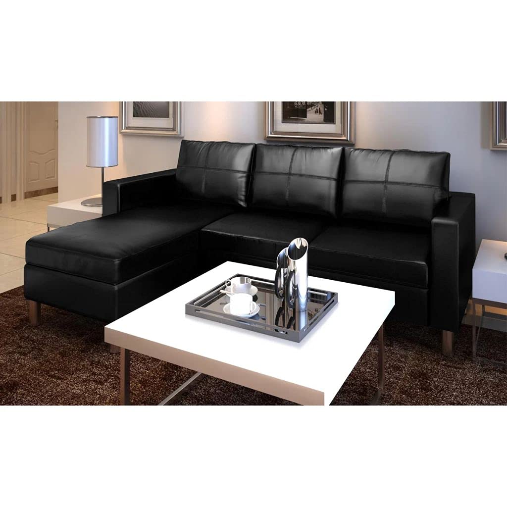 Sofá en forma de L de 3 plazas, sofá de salón, sofá acolchado, para salón, dormitorio, oficina, apartamento, centro de entretenimiento familiar, sofá de montaje, piel sintética, color negro