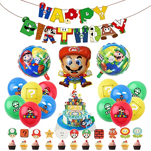 Gohytal Geburtstag Dekorationen Junge, 29 Stück Super Mario Geburtstag Deko Mario Luftballons Geburtstagsfeier Dekorationen Happy Birthday Banner Kindergeburtstag Deko Geburtstag Deko Junge, Mädchen Cover