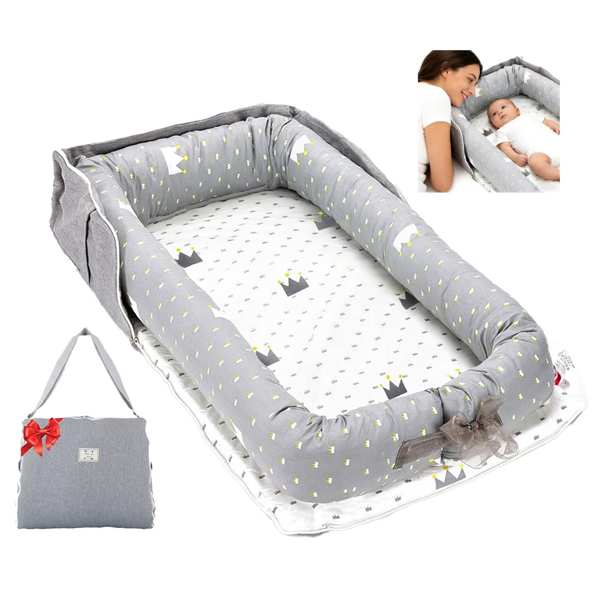 Baby Lounger for Newborn Portable Bag,Baby Lounger Play Mat for Awake-Time,Newborn Babies Essentials Gifts 0-24 Months Home Travel(Crown Grey)