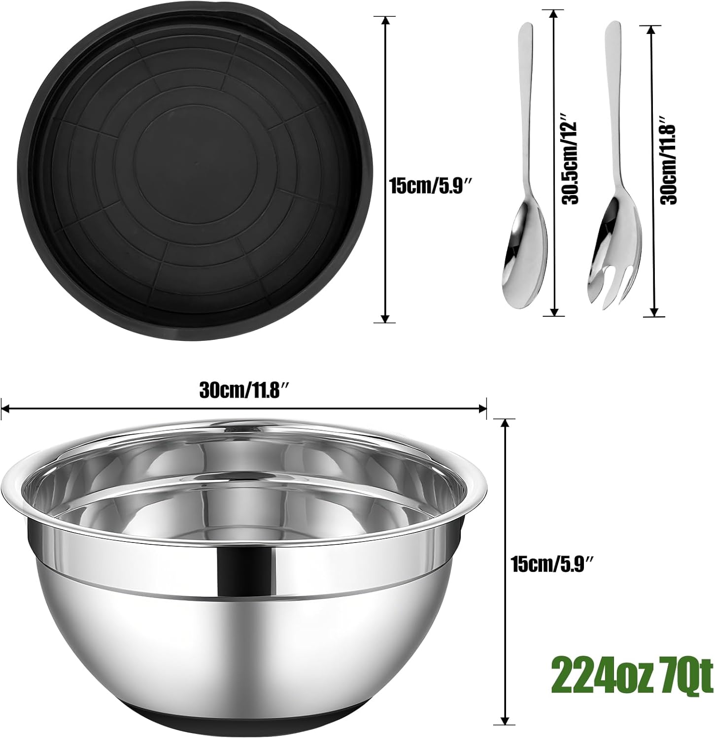 ShineMe Stainless Steel Salad Bowl with Lid, Extra Large Metal Bowl with Serving Utensils for Preparing, Mixing, Marinating, and Serving with Anti-slip Bottom, Unbreakable Kitchen Bowls 7QT - Image 2