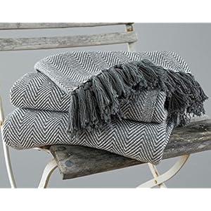 EHC Sprei, King Size, visgraatdesign, 100% katoen, sprei voor bank / bed, 220 x 250 cm, grijs