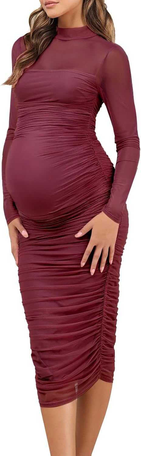 Dedysler Maternity Mesh Bodycon Dress for Wedding Guest Sexy Mock Neck Baby Shower Long Sleeve Pregnancy Clothes with Zipper