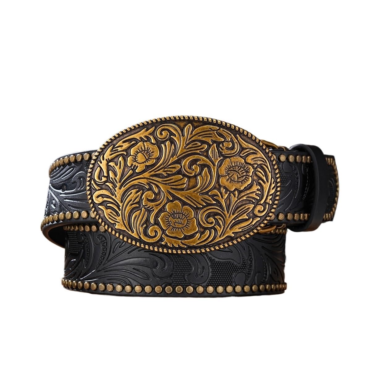 Cintura da cowboy western uomo e donna, con fibbia ovale incisa floreale, borchiata, cinturino in pelle PU lavorazione jeans