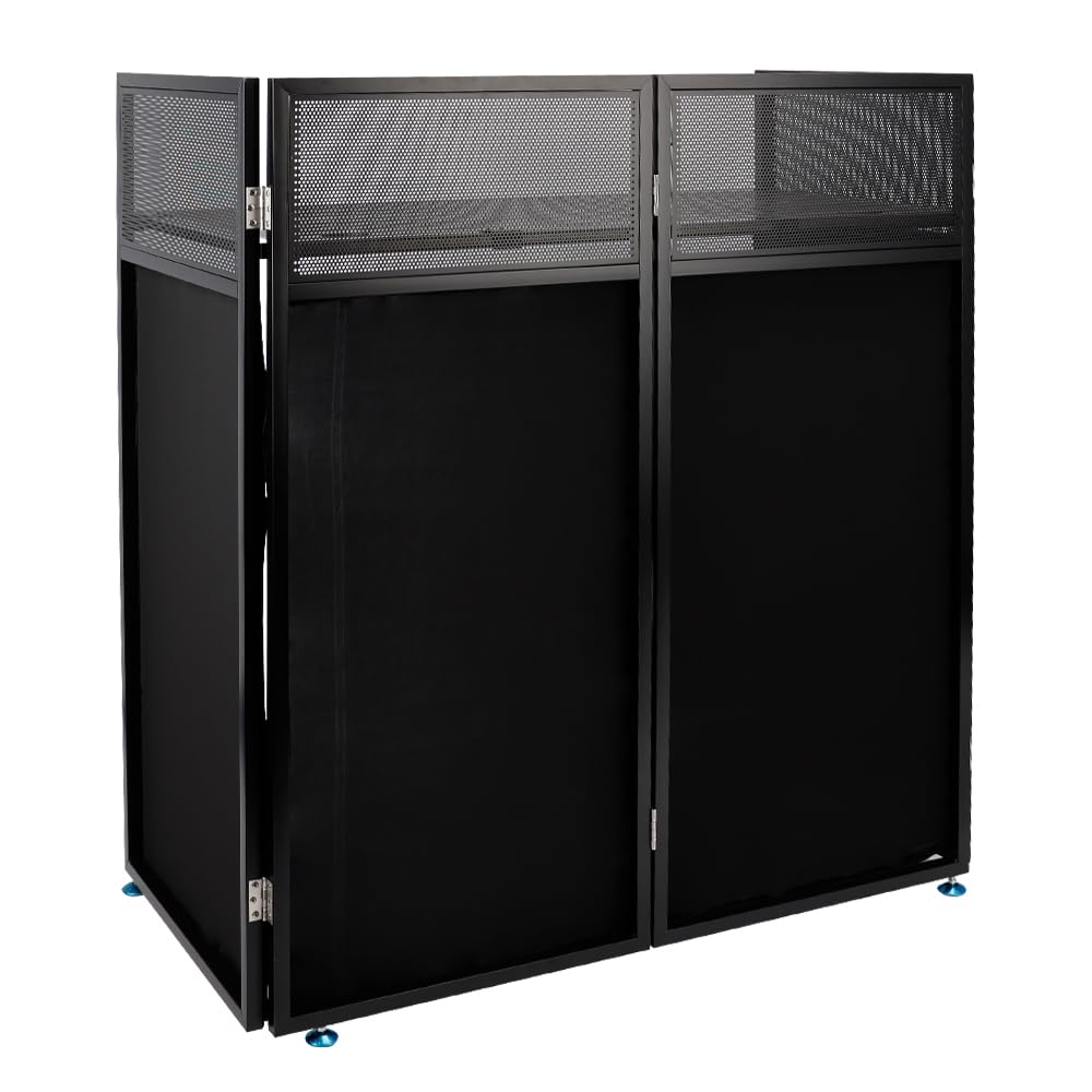DJ-Kabinentisch mit schwarz-weißem Scrim, faltbarer DJ-Ständer aus Metall mit Kabelmanagement und Tragetasche, 111,8 x 50,8 cm Workstation für mobilen DJ, Hochzeit, Party, Event, DJ-Controller, Laptop