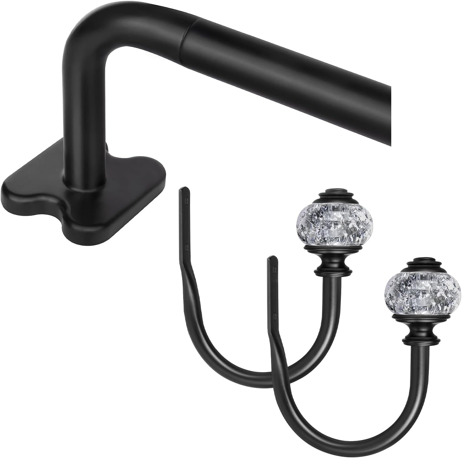 Black Wrap Around Curtain Rod for Windows 48 to 84 Inch and 2 Pack Curtain Holdbacks for Wall with Black Translucent Finials, Room Darkening Drapery Rods(bundles)