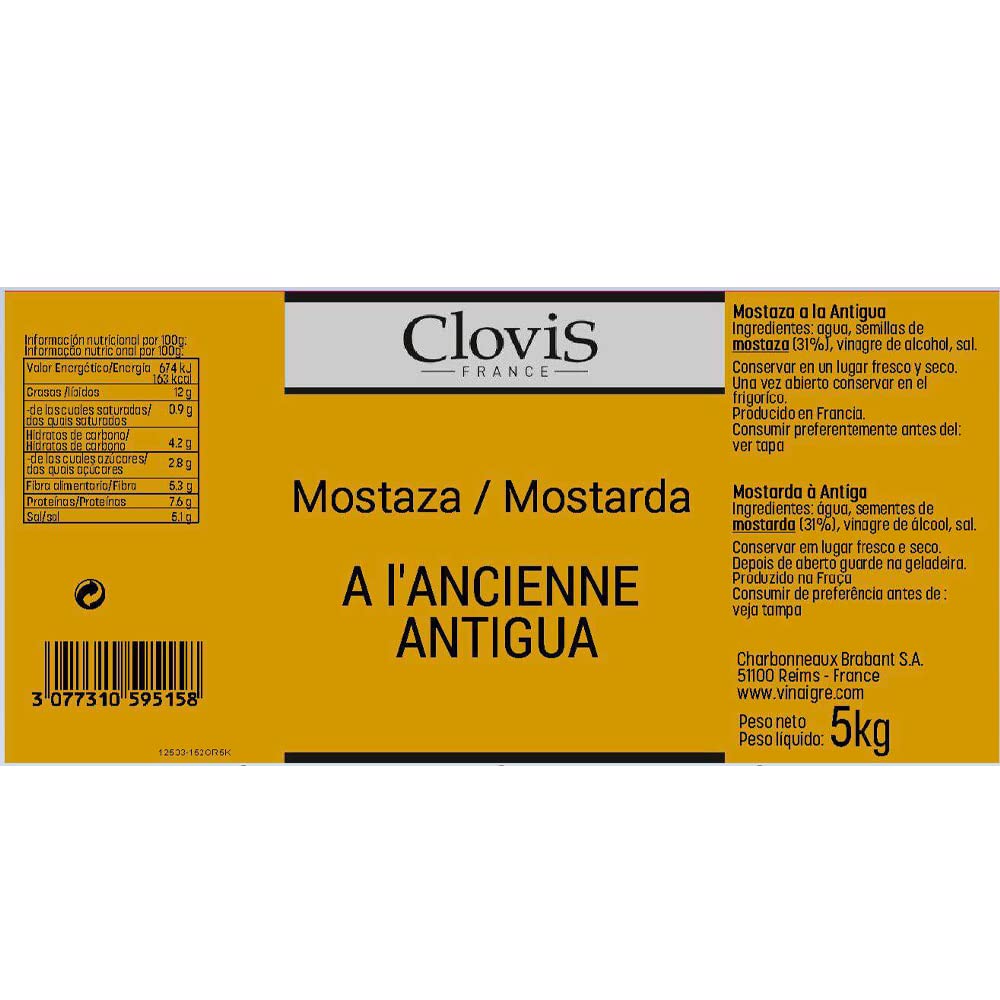 Mostaza a la Antigua Clovis 5kg Salsa Original Francia Granos Enteros Condimento