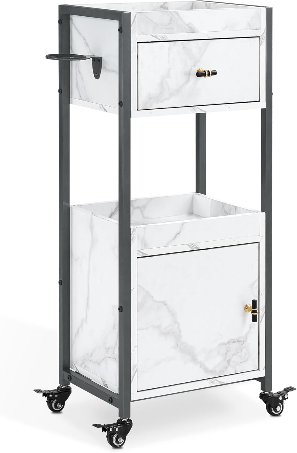 BarberPub Salon Rolling Trolley Cart with Drawer&Dryer Holder, Beauty Barber Marbling Textured Mobile Storage Organizer, Hair Stylist Cabinet Station with Wheels 2477 (Gun-Grey)