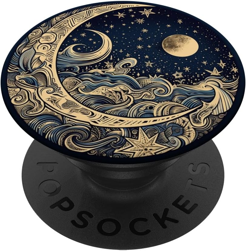 Golden Blue Crescent Moon Celestial Aesthetic Chic Boho PopSockets PopWallet for MagSafe