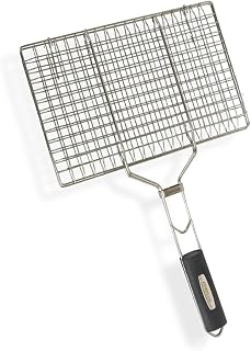 Amig – Grillrost für Barbecue – Doppelter Grillrost mit Sicherheitsverschluss und rutschfestem Griff – ideal zum sicheren Wenden von Fleisch und Gemüse – 32 x 21,5 cm – Edelstahl – Edelstahl/Schwarz