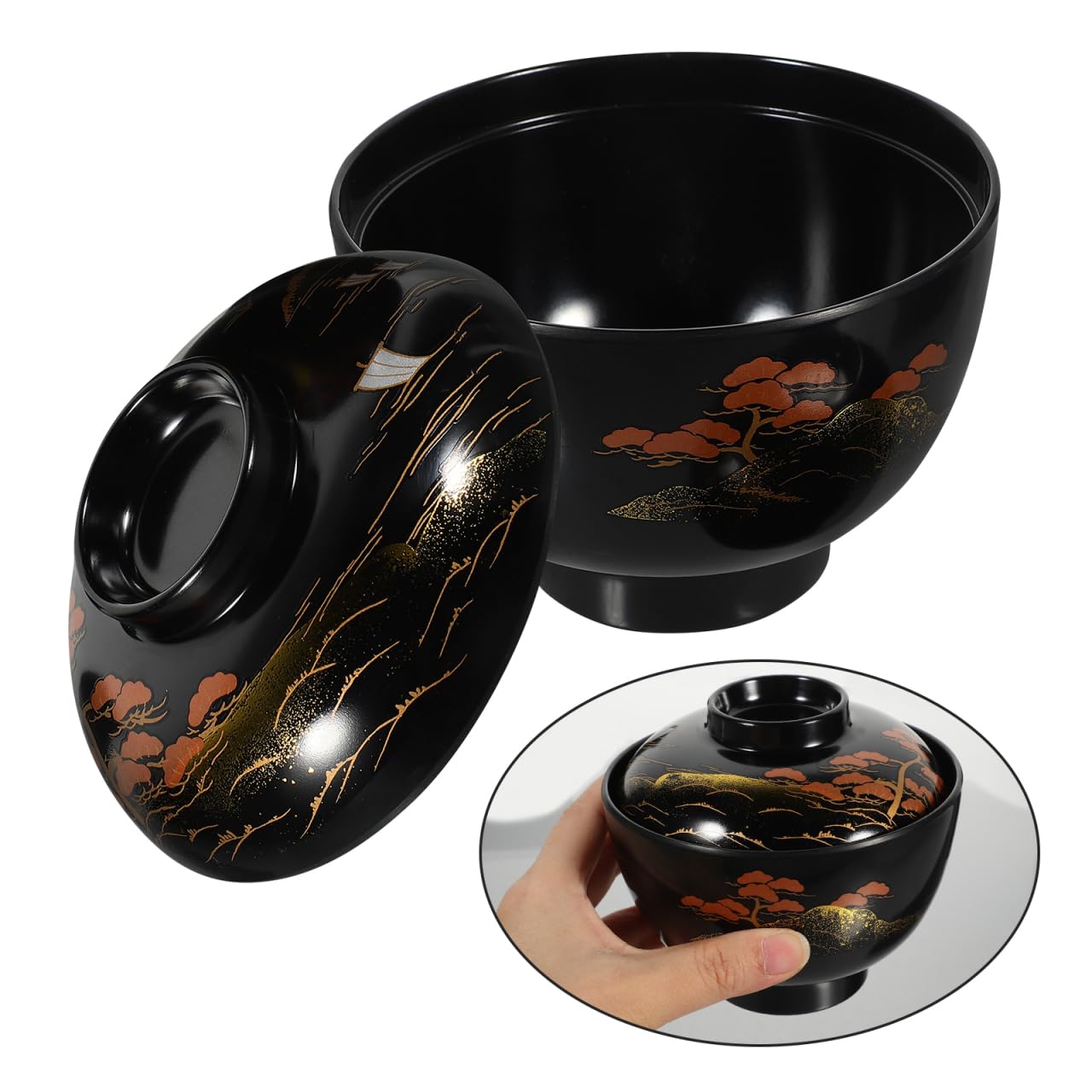 Kichvoe Miso Bol à soupe avec couvercle, bol à riz japonais en mélamine traditionnel, bol à soupe ramen en plastique laqué pour la cuisine, noir