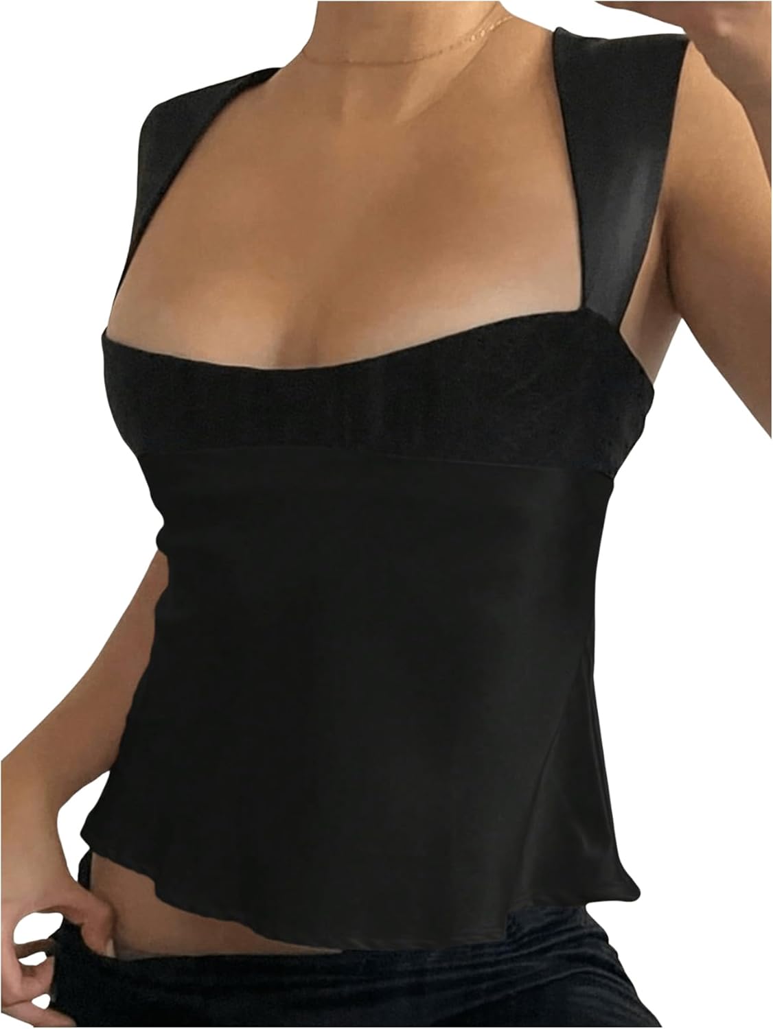 SHENHE Women's Satin Top Color Block Scoop Neck Sleeveless Tank Tie Back Silky Going Out Tops