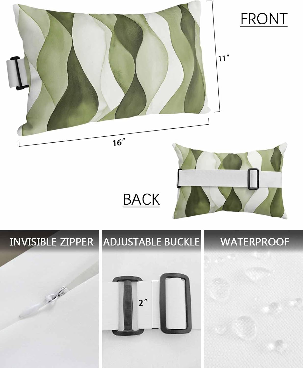 Outdoor Pillow for Chaise Lounge Chair Sage Green Gradient Ripples Outdoor Pillows Waterproof with Adjustable Strap Headrest Lumbar Pillows for Garden Patio Furniture 2 Pack 11" x 16"