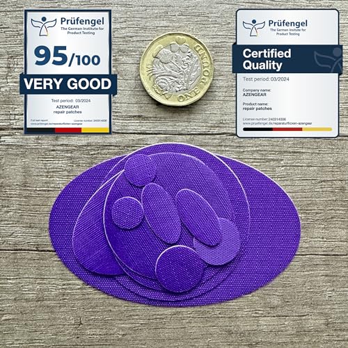 aZengear Repair Patches for Jackets, Tent, Shoe Toe, Air Mattress, Inflatables, PVC Gear - Waterproof, Self-Adhesive, Tear-Cold-Heat-Resistant, Down Puffer Coat (11 Pcs, Purple)