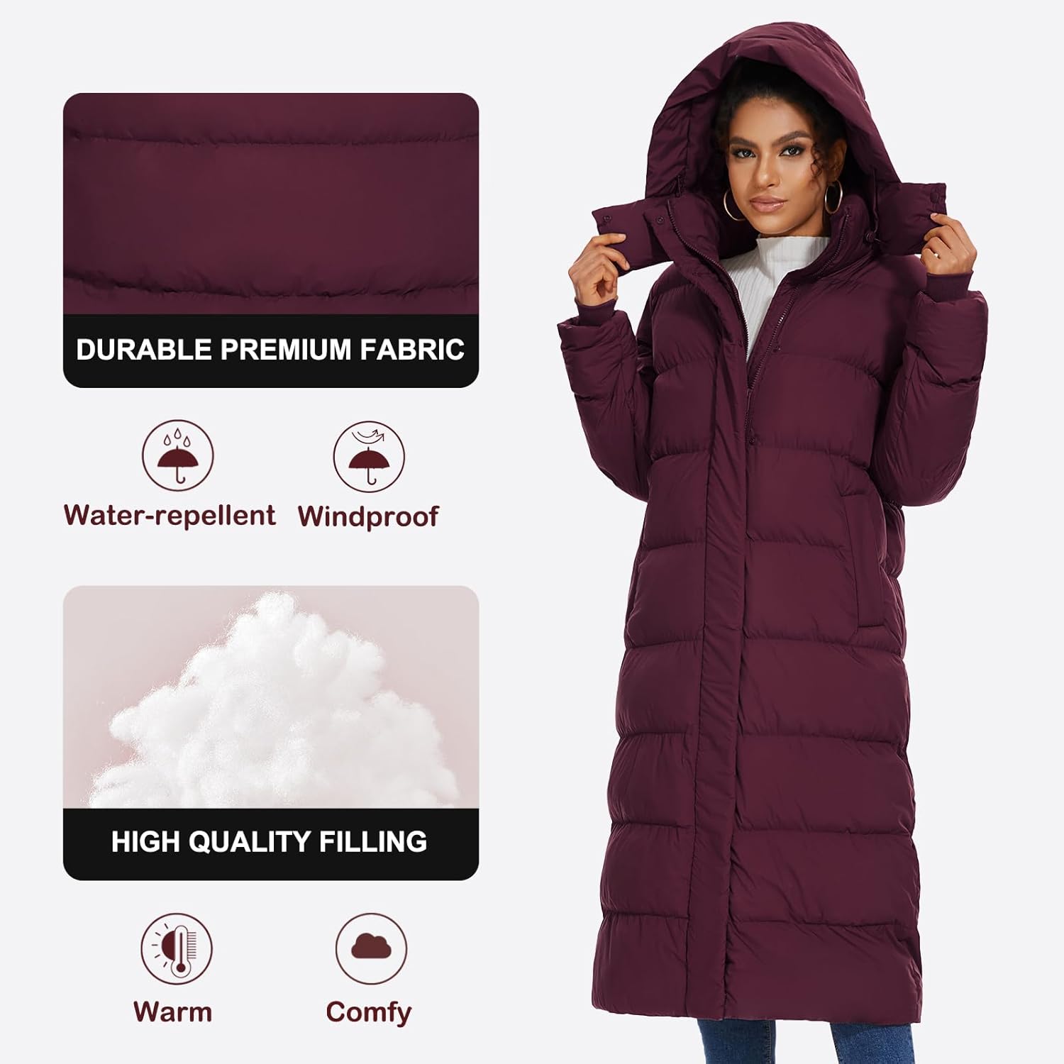ROYAL MATRIX Women's Long Quilted Puffer Coat, Winter Warm Maxi Puffer Jacket with Detachable Hood - Image 6