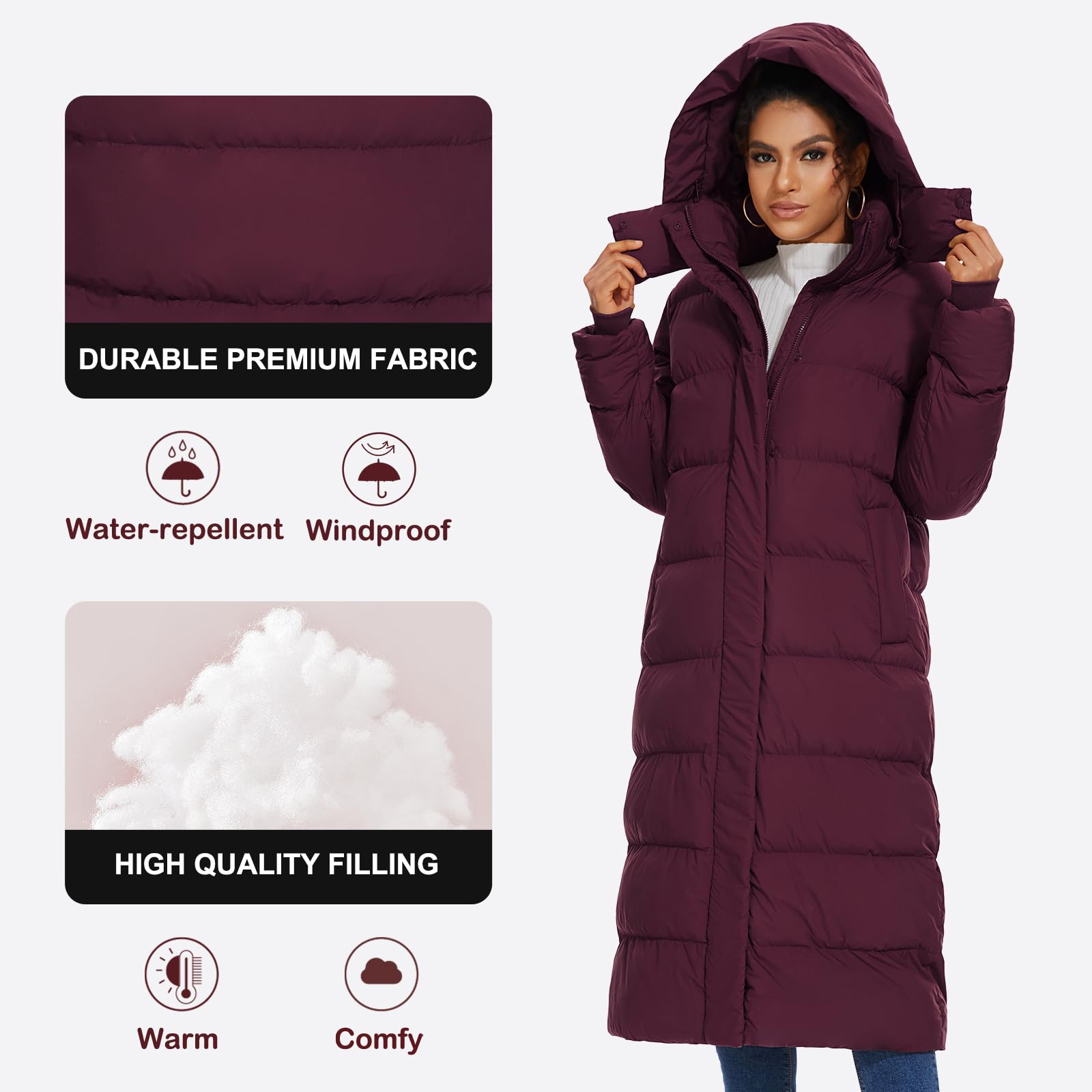 ROYAL MATRIX Women's Long Quilted Puffer Coat, Winter Warm Maxi Puffer Jacket with Detachable Hood (Wine Red, M)