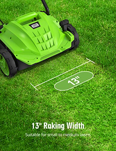 13-Inch 12 Amp Electric Dethatcher Scarifier with Foldable Handle, 2-in-1 Lawn Dethatcher with Two Safety Switches, 4-Position Depth Adjustment for Garden, Yard