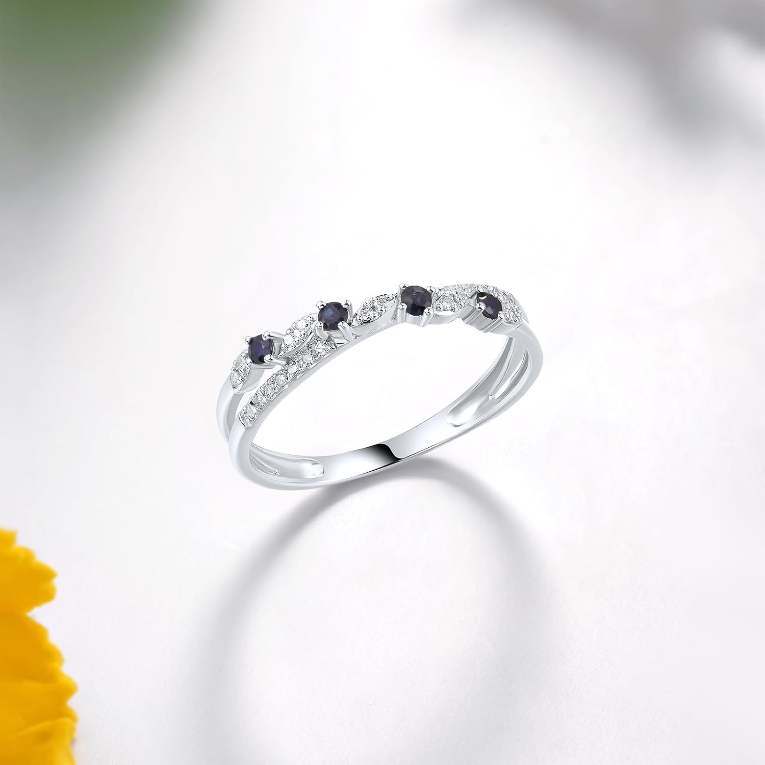 Santuzza 10K Solid Gold Leaves Branch Genuine Diamond Gemstone Dainty Ring for Women