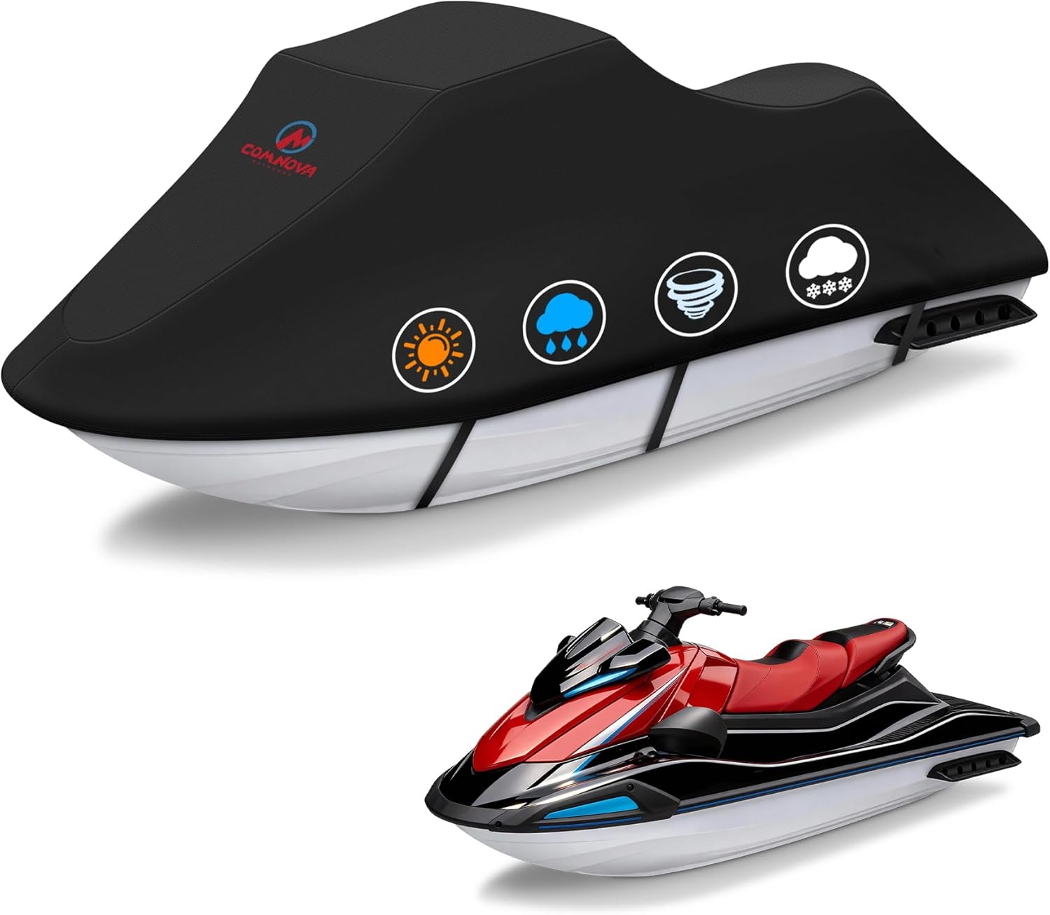 Comnova Jet Ski Cover 120-135 Inch - 600D Waterproof Trailerable Jetski Covers - Heavy Duty PWC Cover Fits Seadoo, Yamaha 2-3 Seater Personal Watercraft, All-Season Protection