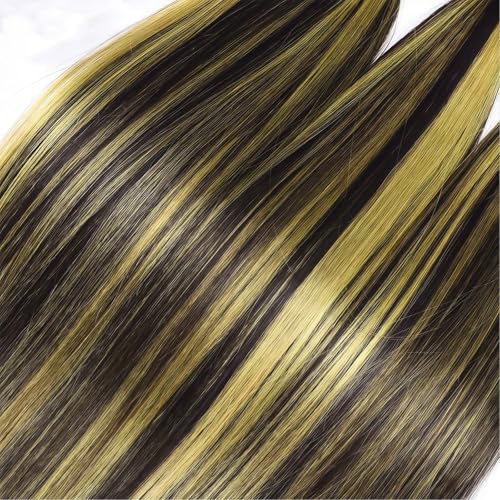 P1B/27 Black Blonde Highlight Human Hair Straight Bundles 12 14 16 Inch Brazilian Virgin Hair Double Weft Quick Weave 3 Bundles Soft Silky Weave for Black Women — view 5