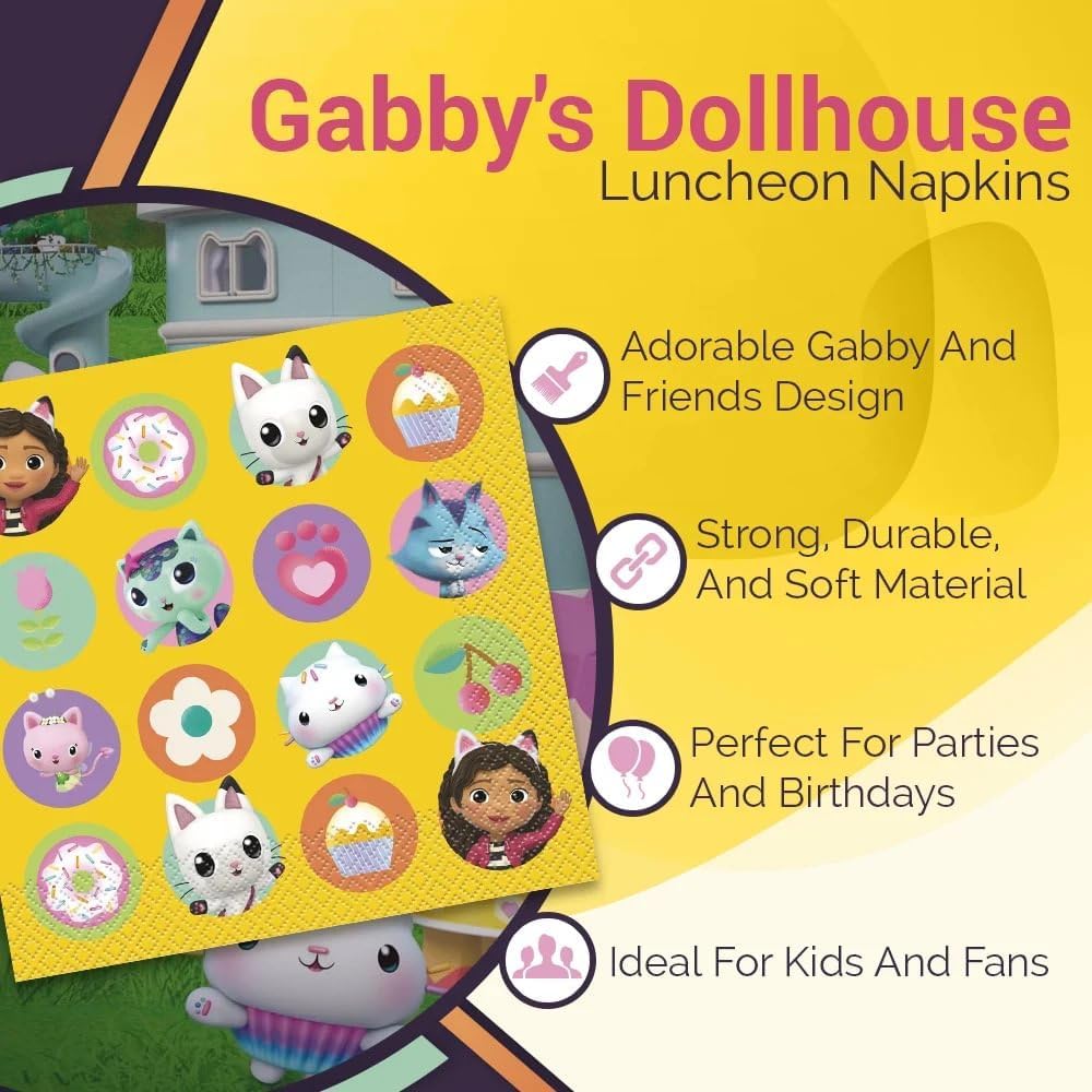 Unique Yellow Paper Luncheon Napkins (Pack of 16) - Adorable Gabby's Dollhouse Design, Perfect for Themed Birthday Parties, Celebrations, & Special Occasions