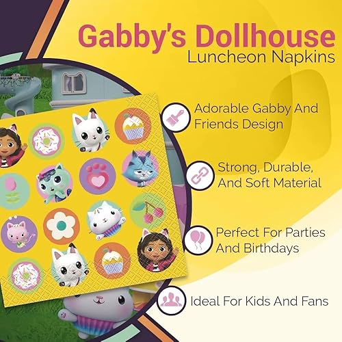 Miniatura 5 de Unique Servilletas de papel amarillo (paquete de 16) – Adorable diseño de casa de muñecas de Gabby, perfectas para fiestas temáticas de cumpleaños,