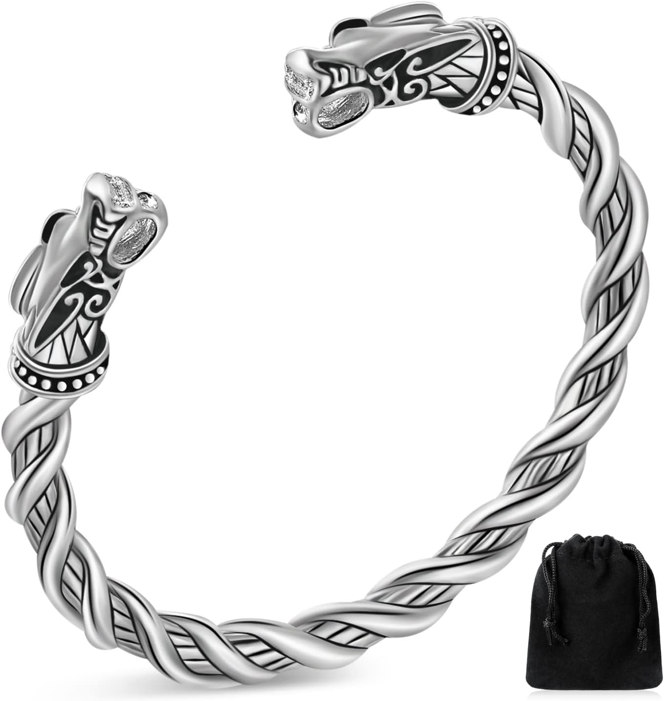 BBTO Viking Bracelet for Men Viking Double Dragon Head Bracelet Adjustable Norse Arm Rings with Velvet Pouch Dragon Head Twisted Bangle Wristband Jewellery