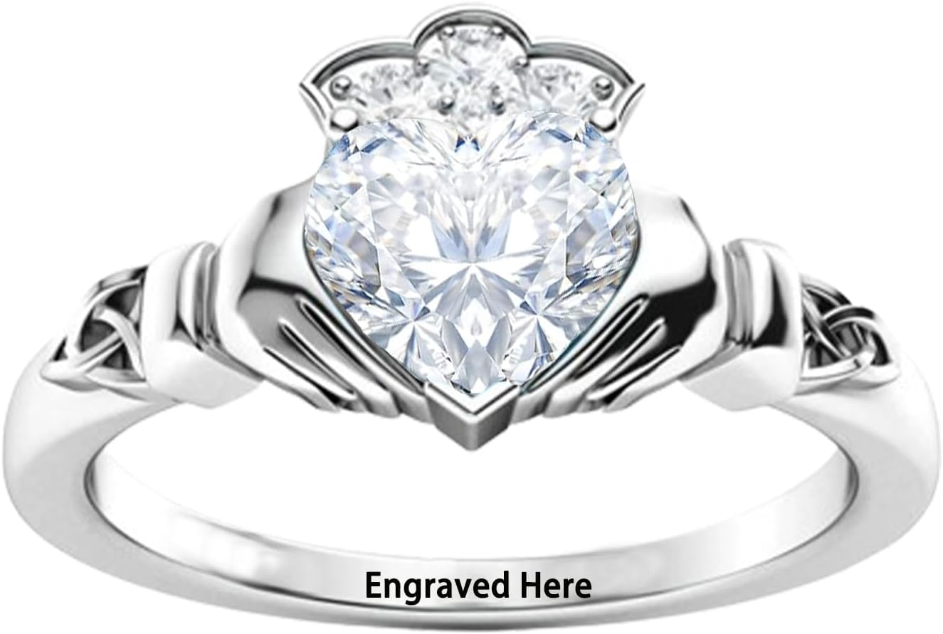 10K Gold Claddagh Ring for Women 14K 18K 20K Real Gold Heart Shape Gemstone Irish Celtic Knot Ring with Moissanite, Promise Ring for Her