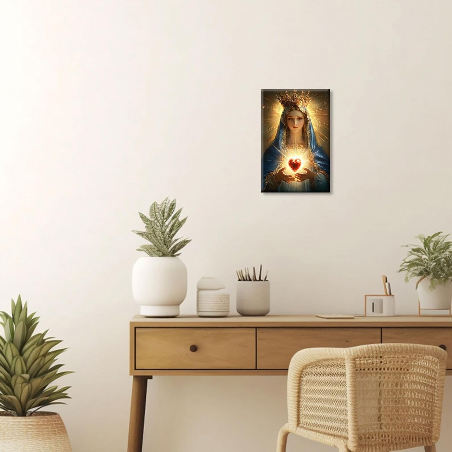 ARTZGX Virgin Mary Wall Art Catholic Canvas Prints Immaculate Sacred Heart of Mary Picture Christian Artwork for Bedroom Religious Decor Frame(Red 12L x 18W)