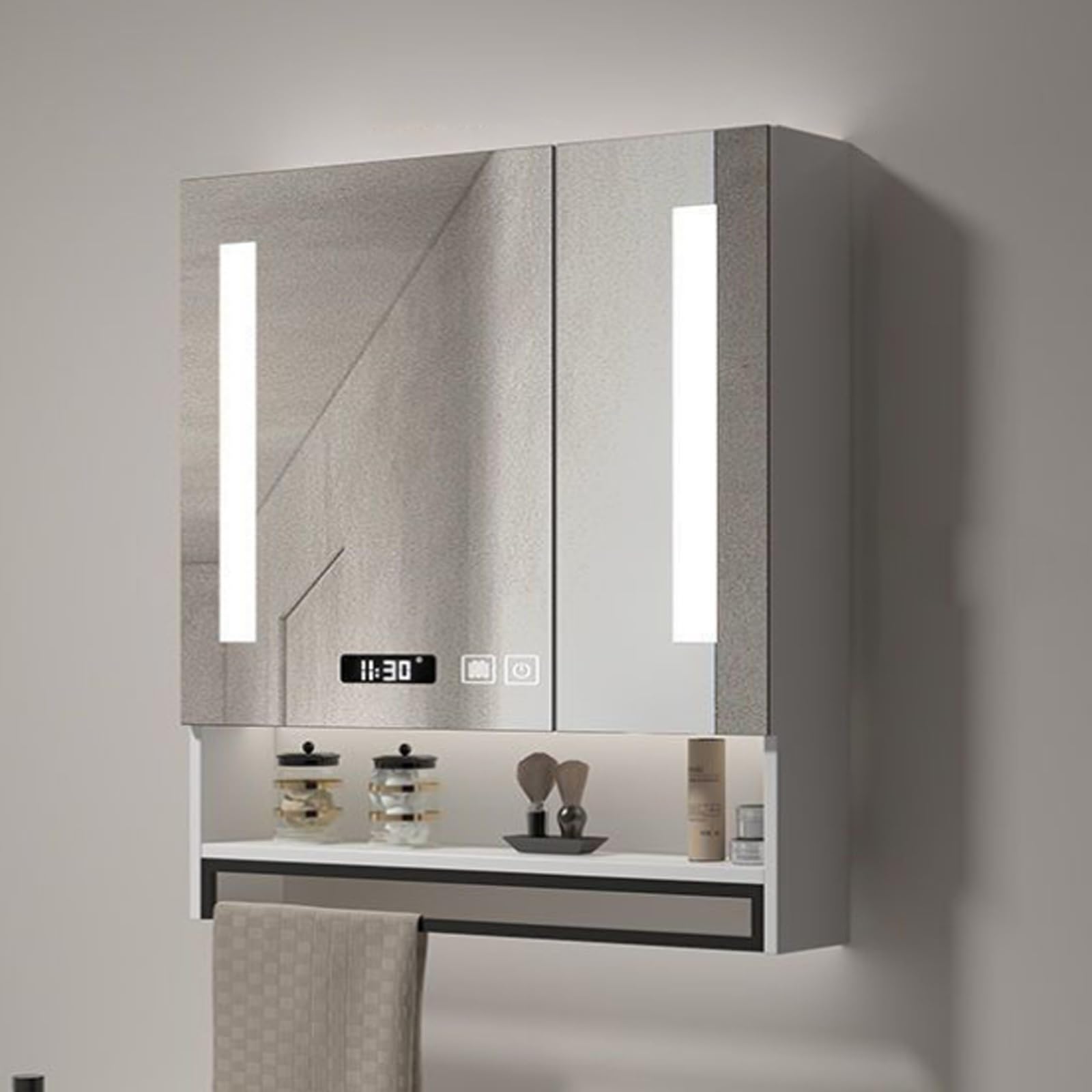 Lustro łazienkowe LED z szafką do przechowywania, montowane na ścianie, przeciwmgielne, podświetlane lusterko kosmetyczne z wyświetlaczem czasu, nowoczesny drewniany design, idealne do dekoracji domu.
