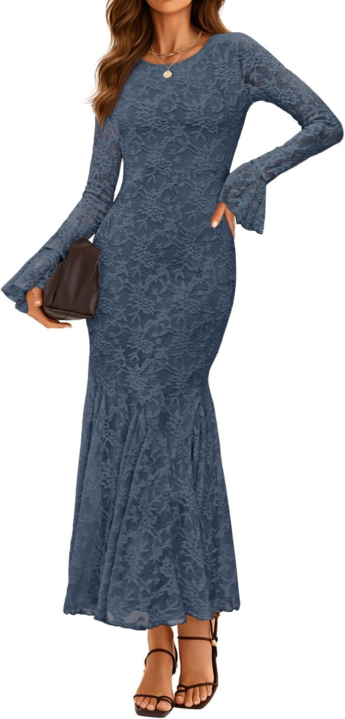 ZESICA Women's Long Sleeve Bodycon Maxi Dress 2026 Fall Fashion Floral Sexy Mermaid Wedding Guest Cocktail Party Dresses