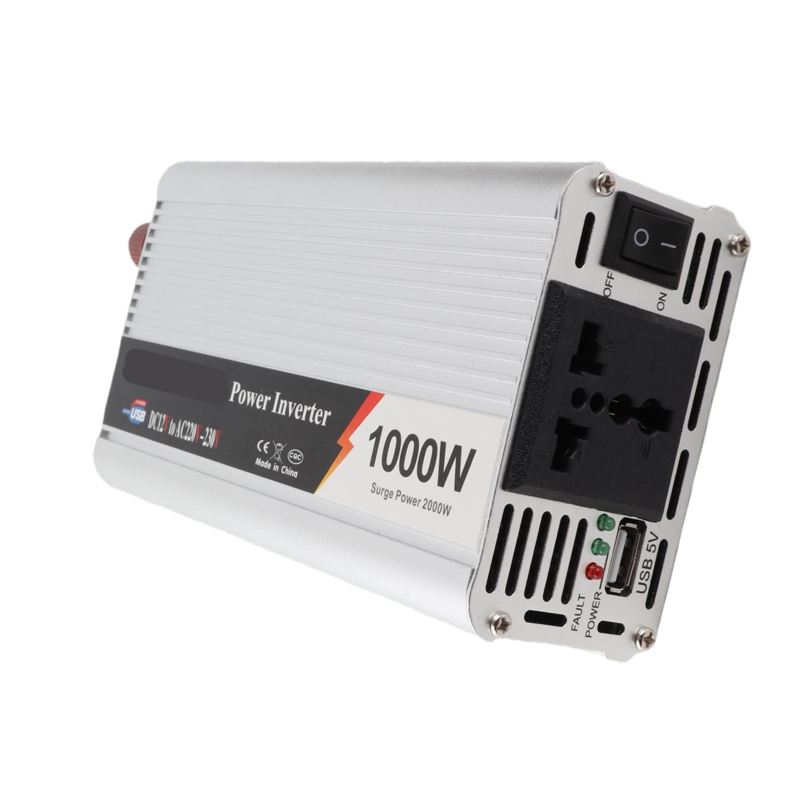Fabater Falownik Samochodowy 1000 W, DC 12 V do 220–230 V AC Przetwornica Samochodowa z Portem USB, Cichy Wentylator Chłodzący, Moc Szczytowa 2000 W, Stop Aluminium, Wielokrotne Zabezpieczenia