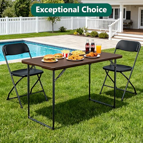 Image of Folding Table, 4FT Foldable Picnic Table with Adjustable Height, Heavy Duty Fold-in-Half Portable Table for Weddings, Camping, RV Travel, Parties, BBQs, and Indoor Use, Easy to Fold and Store, Brown