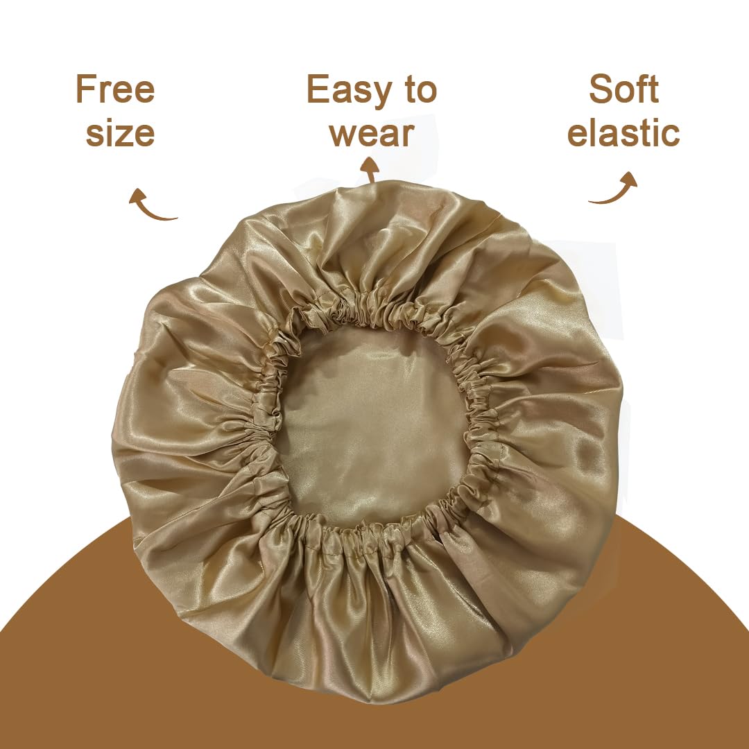 Slymet | Extra Large Double-Layer Satin Hair Bonnet for Sleeping, Frizz-Free Silk Night Cap for Curly and Long Hair, Elastic Satin Sleep Cap for Men and Women (IN, Alpha, Free Size, Beige) 3