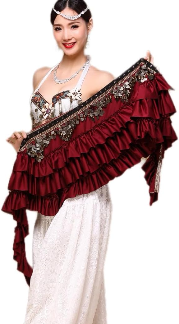 HEARTTOUCH Women's Belly Dance Wave Shape Hip Scarf with Silver Coins Wrap Noisy Belly Dance Costume for Performance