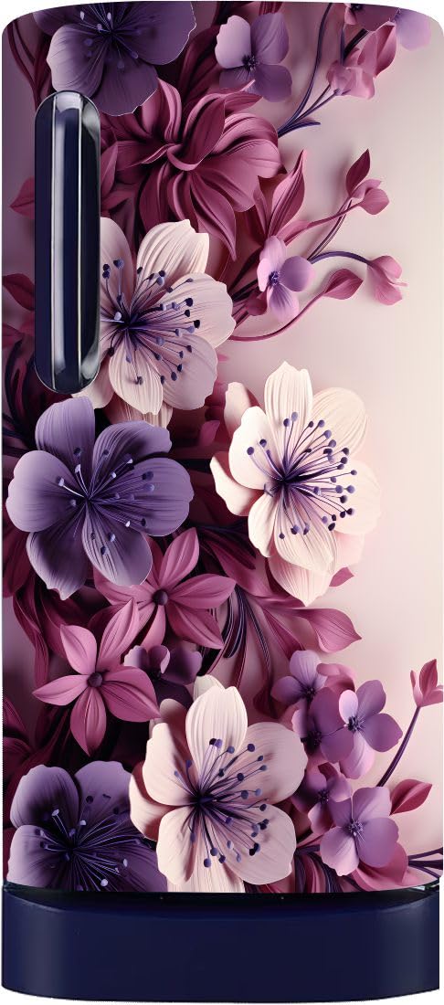 3D Floral Single Door Fridge Sticker | Waterproof Self-Adhesive Vinyl Refrigerator | Door Wrap for Kitchen Decor | Peel & Stick Fridge Sticker (24X48 Inch) (Purple Floral) 4