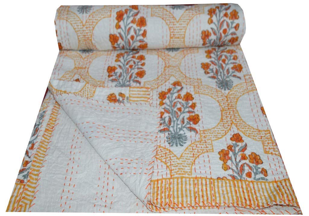 YUVANCRAFTS Indian Handmade Cotton Kantha Quilt Traditional Hand Block Print Twin Quilt Blanket Bedspreads Throw (White)