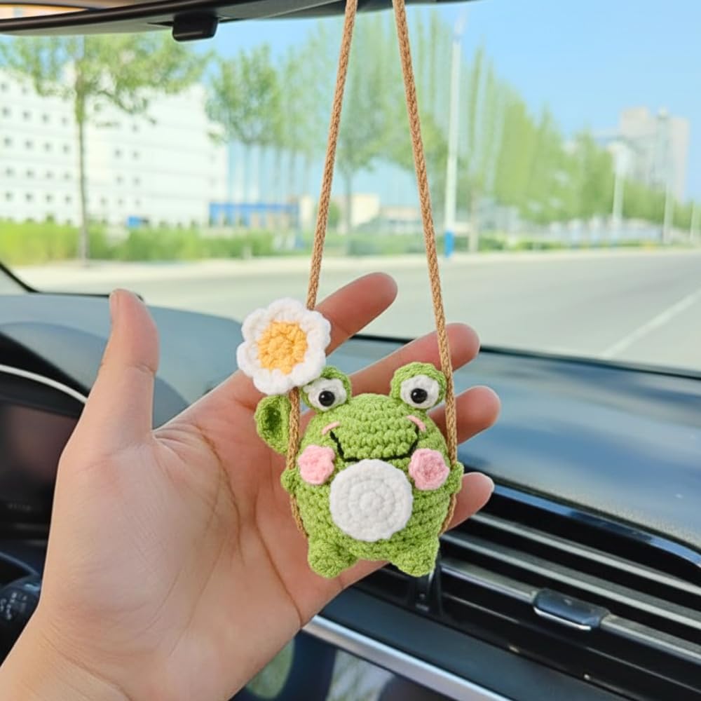 Frog Car Accessories, Handmade Crochet Frog Hanging Decor for Rear View Mirror, Cute Accessories for Car Interior, Funny Swinging Frog Crochet for Car Decor