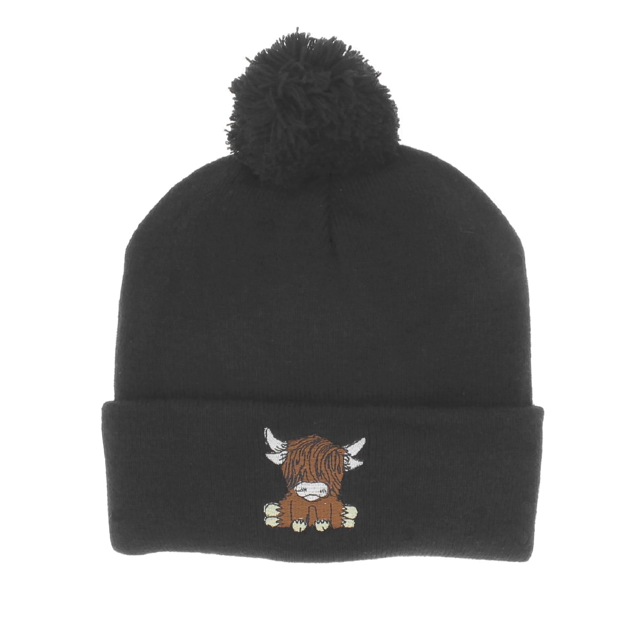 Bobble Hat with Highland Cow Embroidery, One Size, Adults (UK, Alpha, One Size, Black)