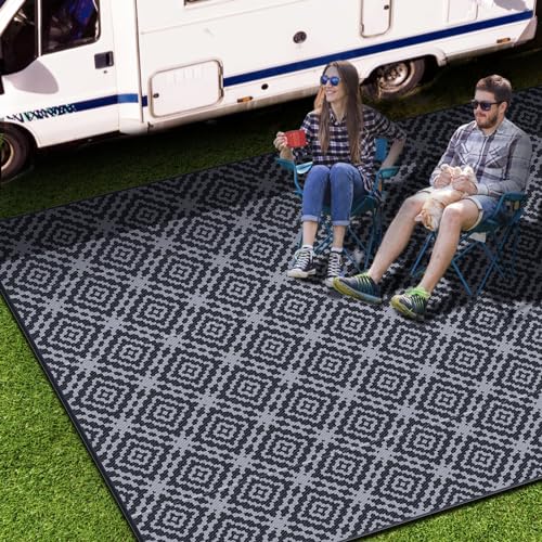 Outdoor Camping Rug 9x12FT Waterproof Reversible with Stakes