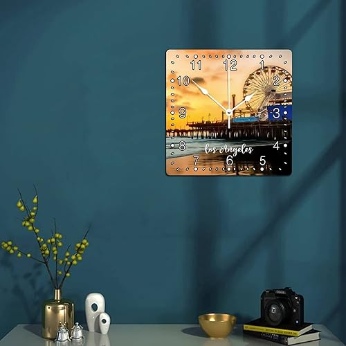 Miniatura 4 de Reloj decorativo de pared cuadrado de madera paisaje urbano de los Estados Unidos Los Ángeles reloj de números arábigos silencioso sin tictac