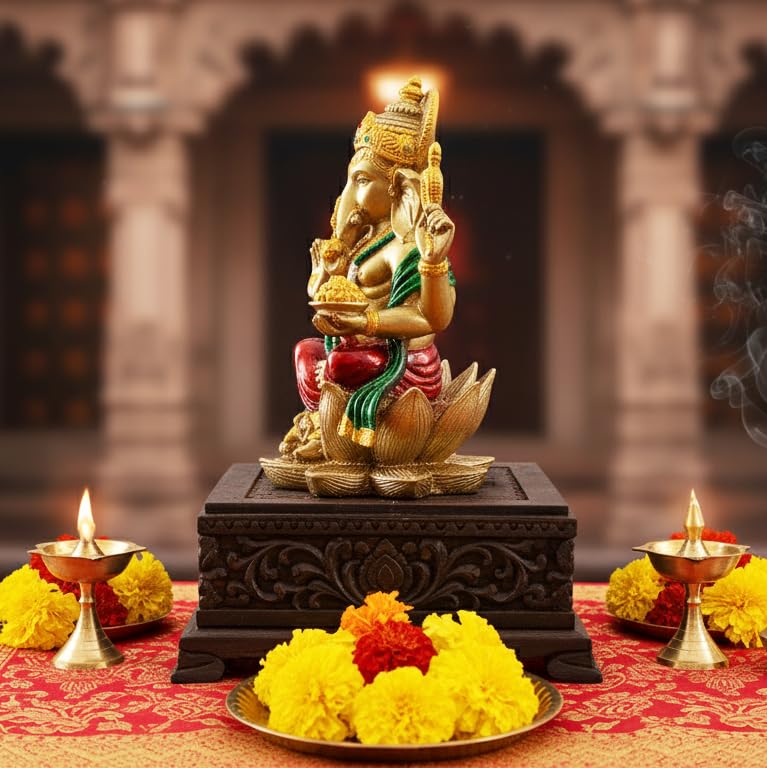Image of YASHONIDHI Lord Ganesha Idol, 7 Inches, Gold and Maroon, Ganapati Murti, for Pooja Room, for Home Decor, Office Decoration, for Good Luck and Wealth, Gift for All Occasions