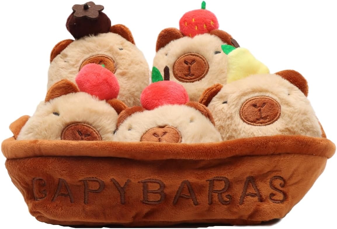 Capybara Plush Toy Set with Fruit, 5pcs Cute Capybaras Stuffed Animal in Basket, 7.87in Interactive Plush Animals, Soft Kawaii Gifts for Kids & Friends – Birthday, Christmas, Holiday Decor