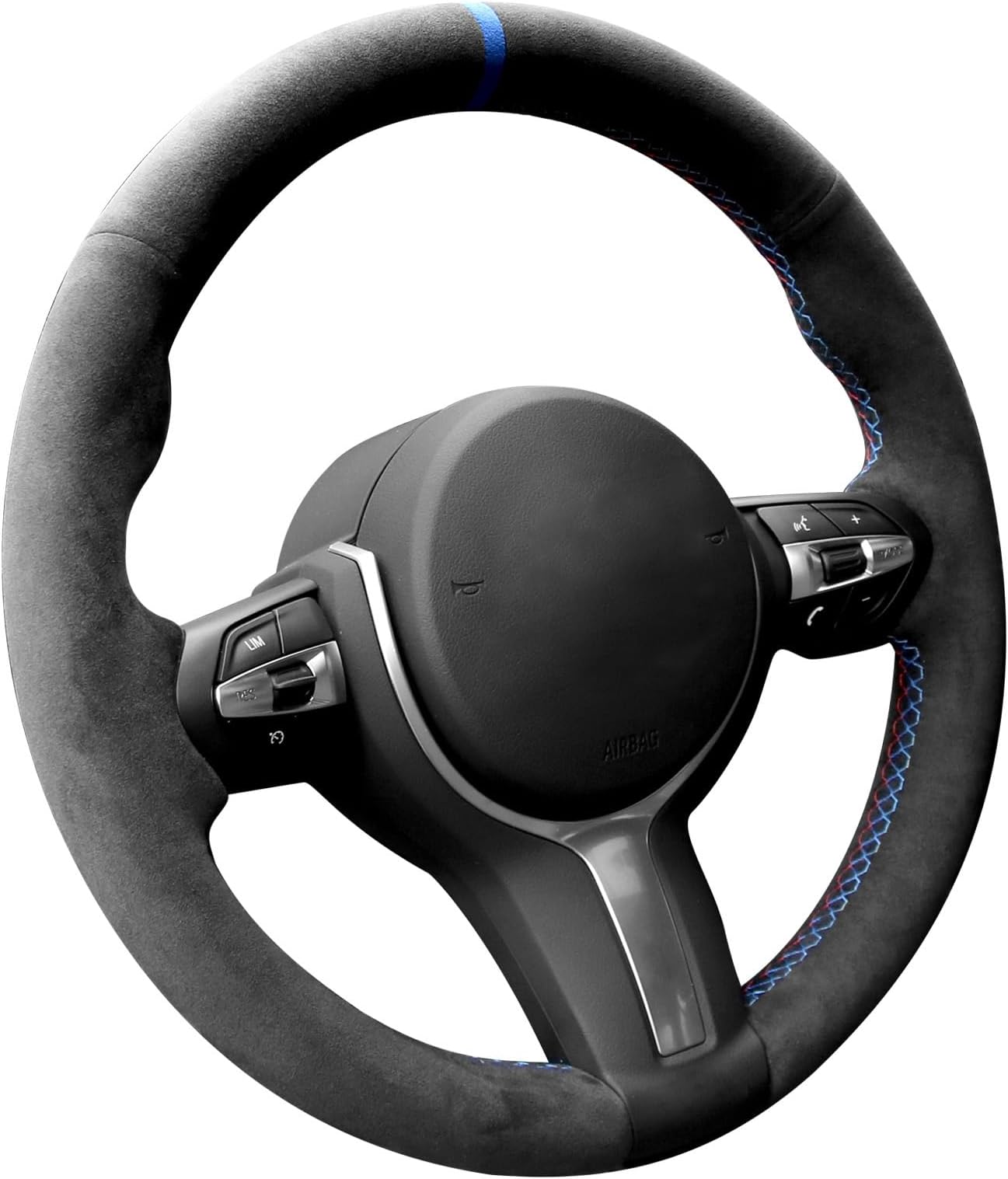 Steering Wheel Cover Alcantara for BMW F30 F31 F34 F10 F11 F07 F12 F13 X3 X4 X5 X6 F16 F20 F21 M135I 140I X1 X2 (Blue Stripes)