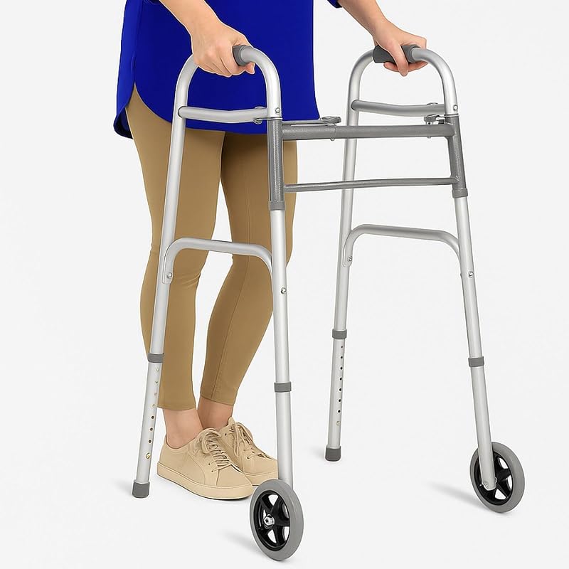 Andador plegable Vive para personas mayores - Estructura plegable de acero resistente para adultos | Andador estándar con ruedas delanteras de 5" y 2 deslizadores de esquí traseros: soporta hasta 300 libras, altura ajustable