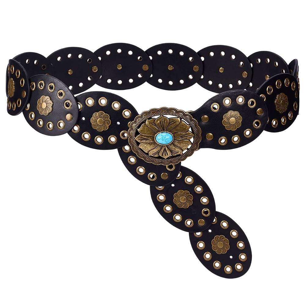 MAYJOYDIY Cinturón ancho de piel sintética para mujer, cinturón de disco bohemio ajustable turquesa para vestido de vaquera, jeans, viajes, fiesta de cumpleaños